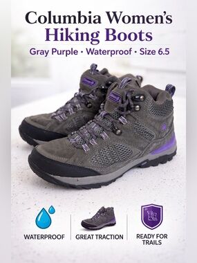 Columbia Women’s Hiking Boots Gray Purple Waterproof Trail Shoes Size 6.5